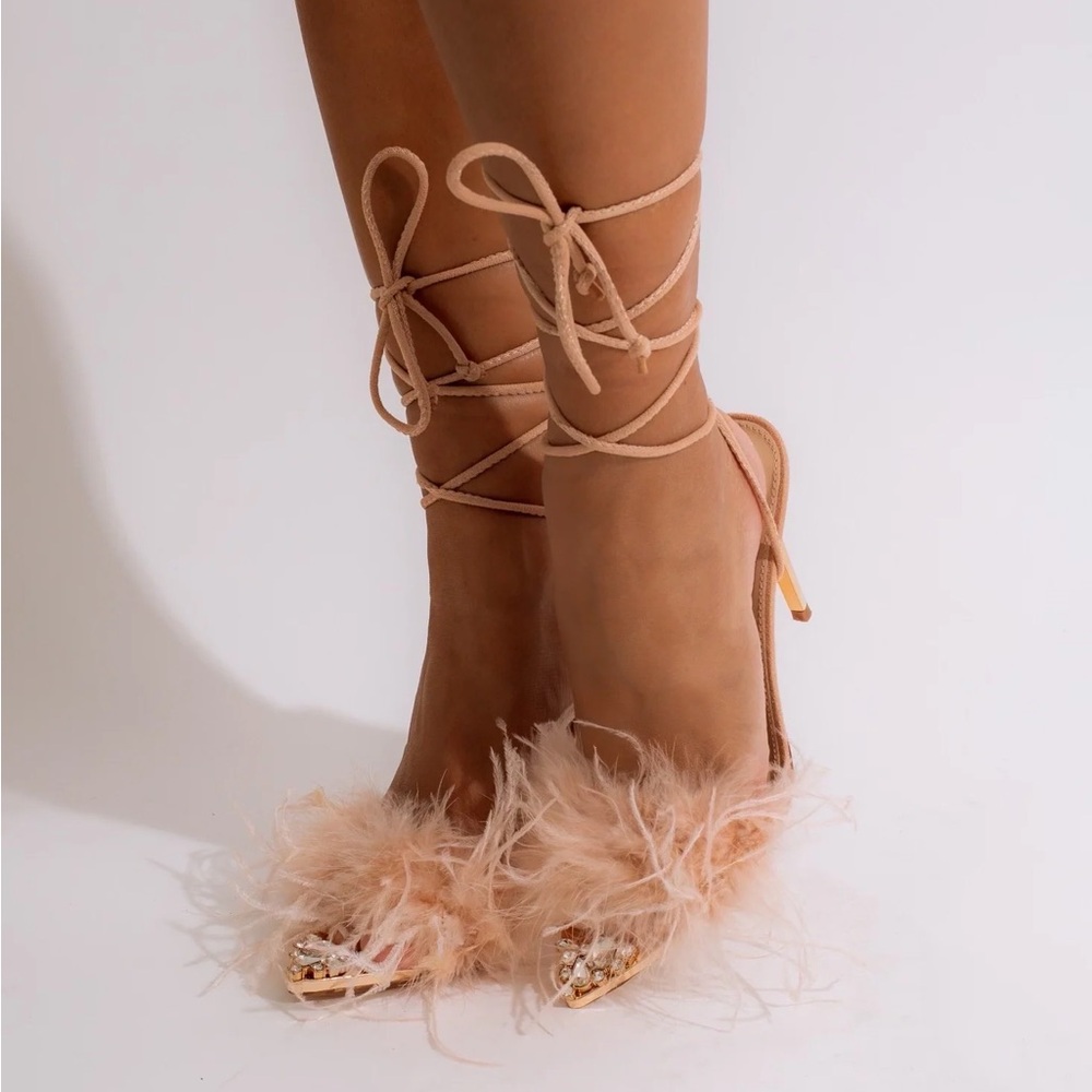 Nude & Gold Faux Feather Pom Pom lace up Heels